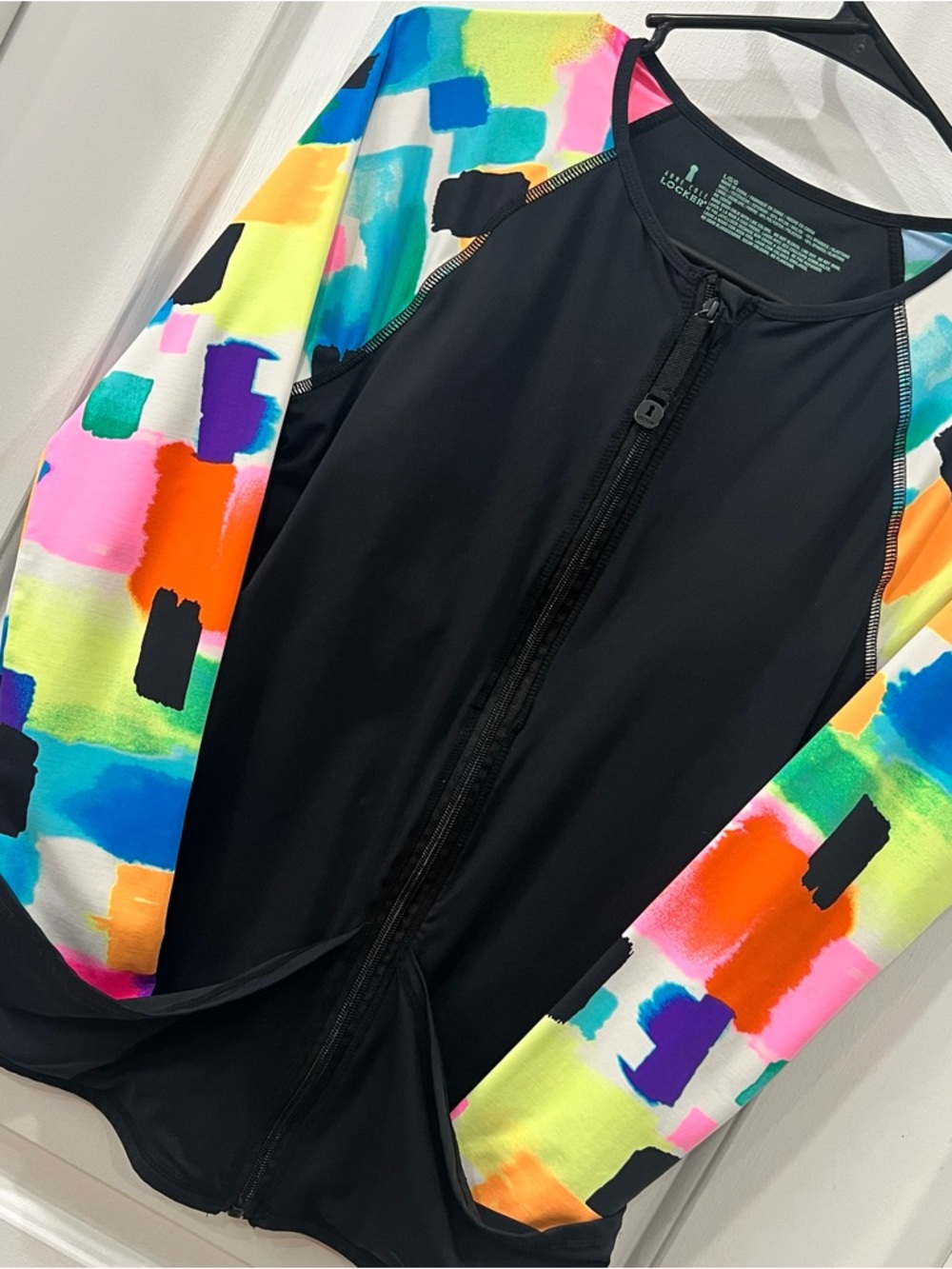 Anne Cole Locker Black Color-block Zip-Front Rash Guard EUC Surfing Sz Large